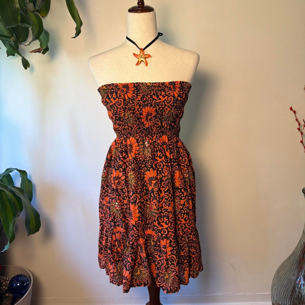 Moda International Orange Black Beaded Boho Strapless Dress XS